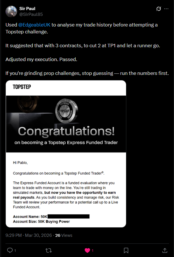 Edgeable user Topstep pass testimonial screenshot